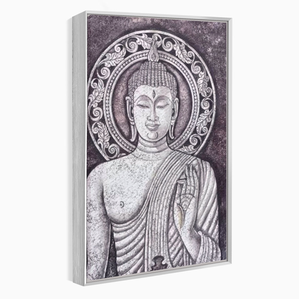 Tablou canvas cu tablou canvas cu chipul lui buddha, in rama de aluminiu argintiu